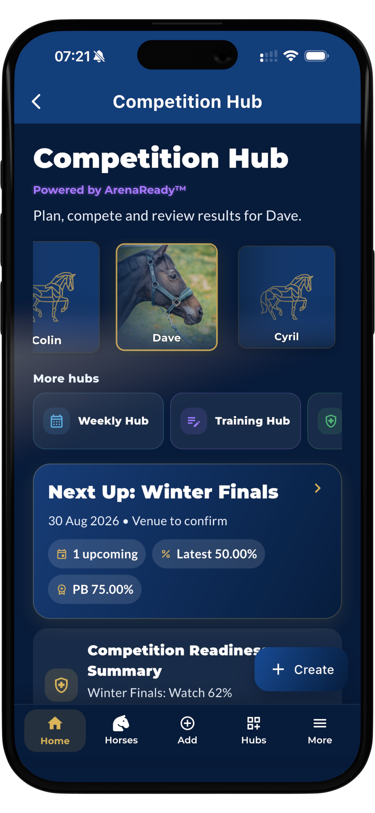 The Dressage Coach Competition Hub events and entries screen