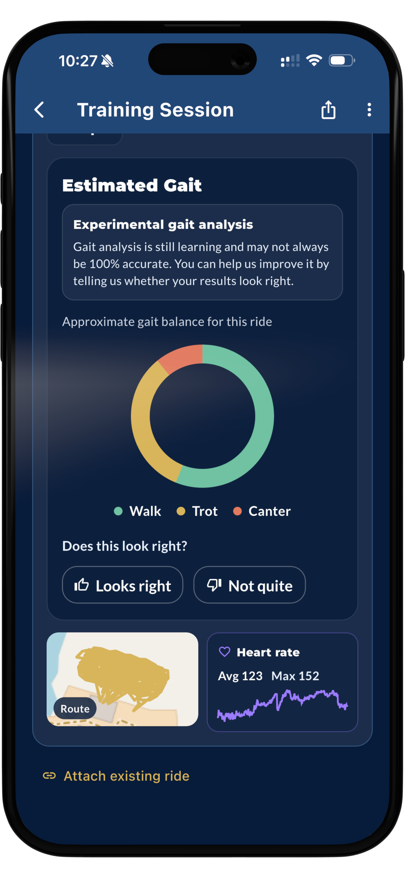 The Dressage Coach ride analytics map and gait metrics