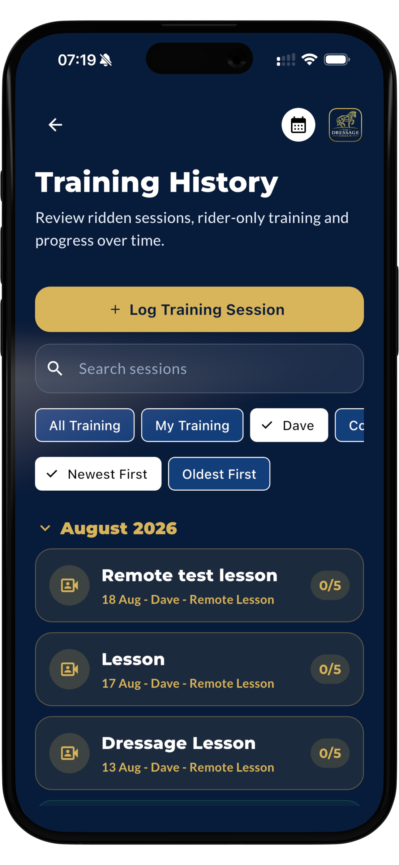 CoachFlow™ screen in The Dressage Coach app