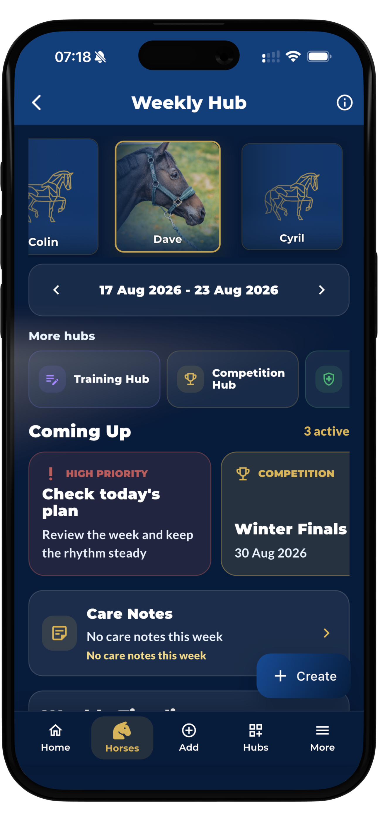 The Dressage Coach Weekly Hub screen showing upcoming training